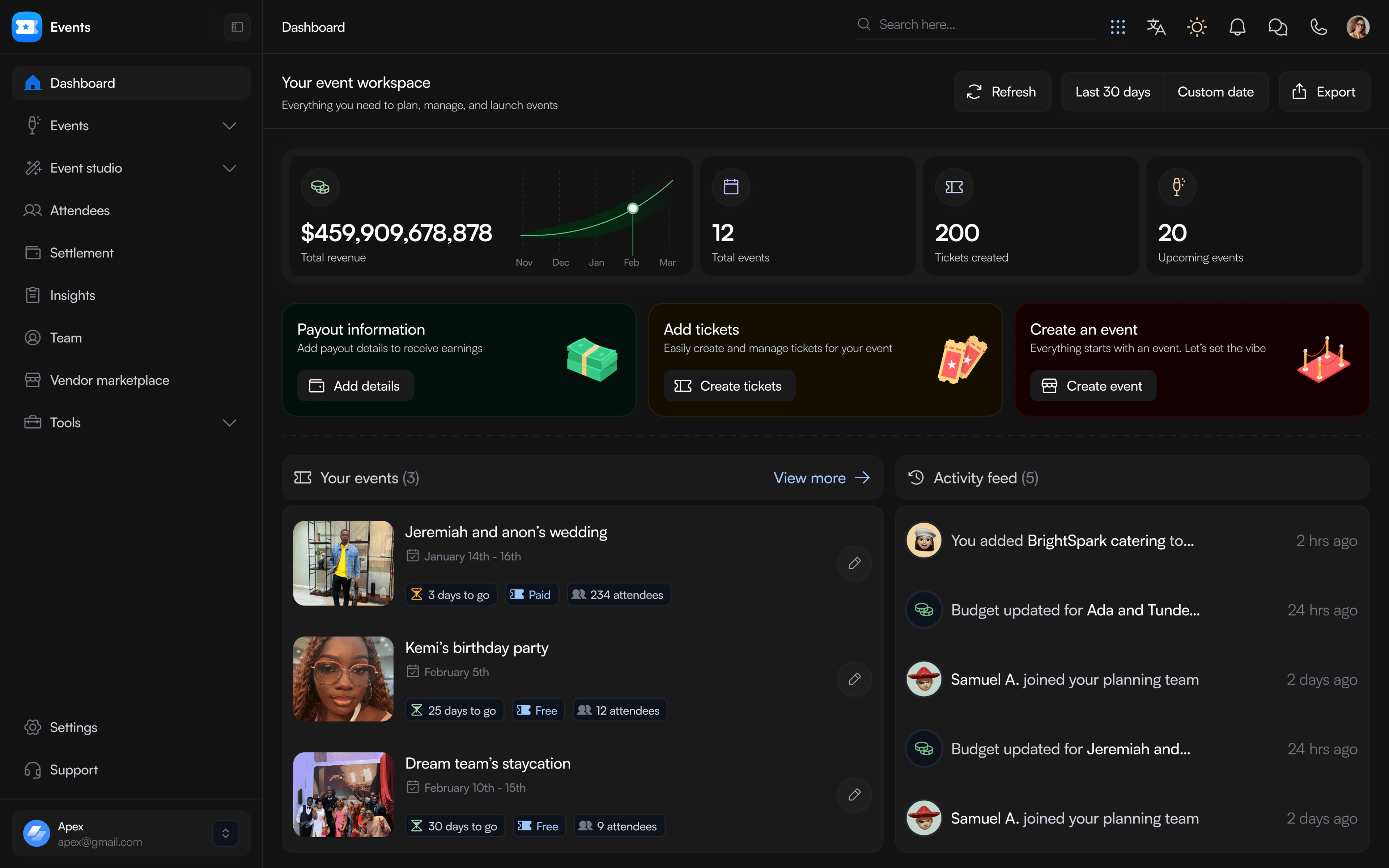 Events OS dark dashboard