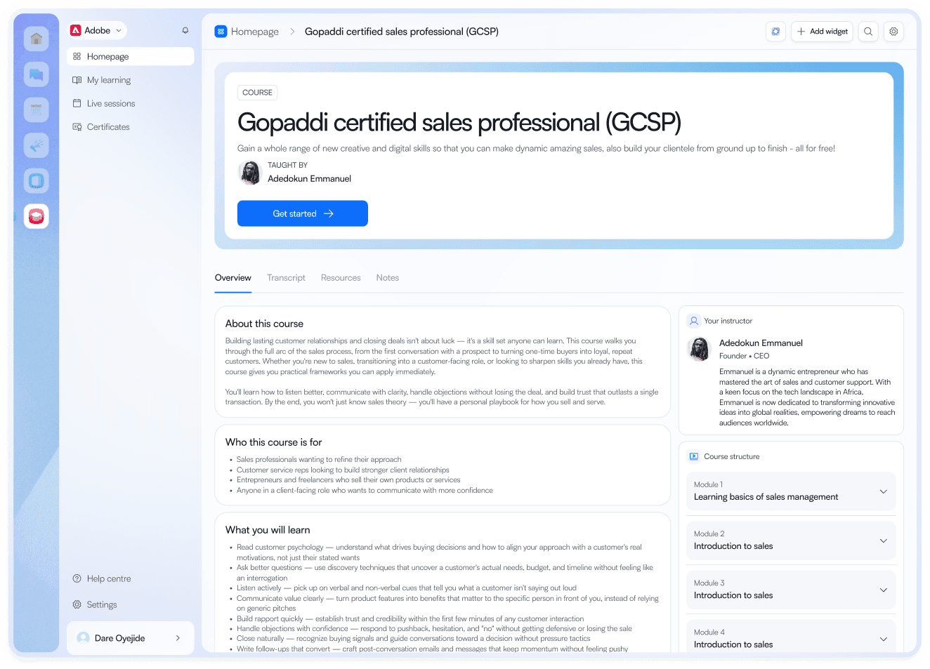 Gopaddi Academy course dashboard showing the certified sales professional programme