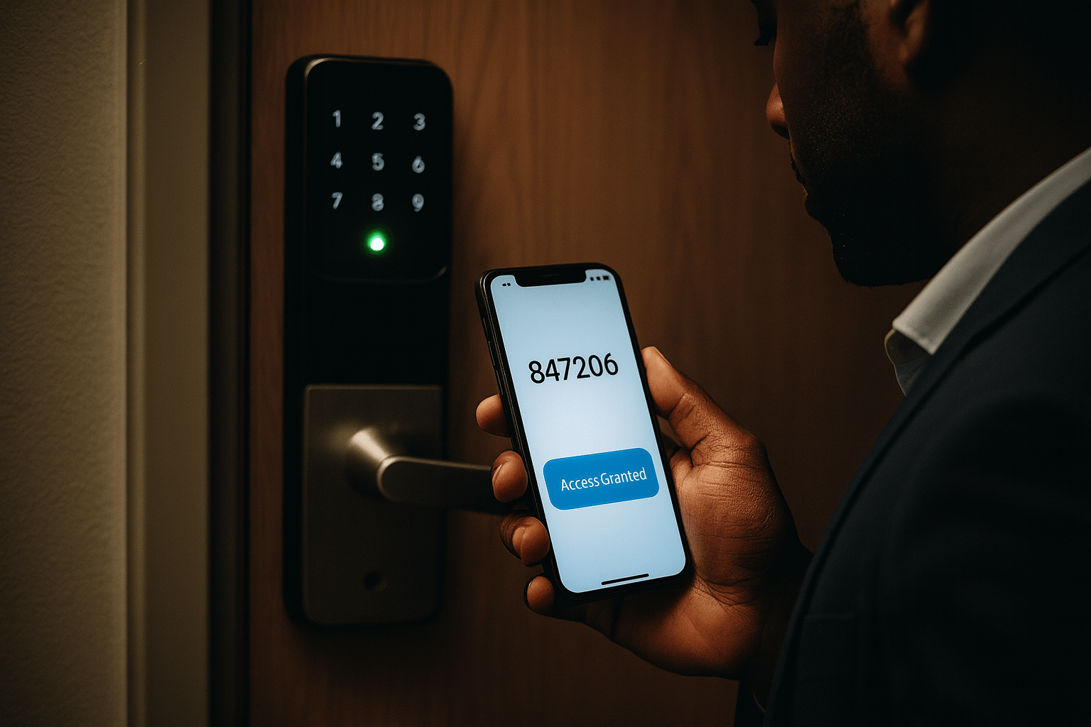 Person using smartphone to unlock hotel room door